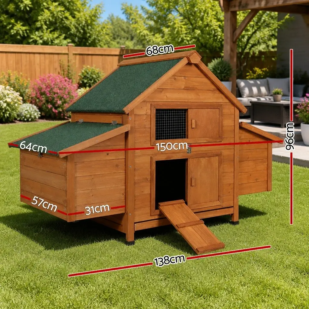 Large Wooden Chicken Coop Rabbit Hutch Brown Green 150cm with Ramp and Hatching Box
