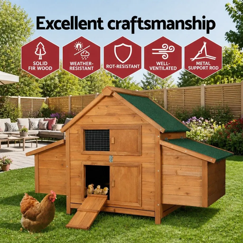 Large Wooden Chicken Coop Rabbit Hutch Brown Green 150cm with Ramp and Hatching Box
