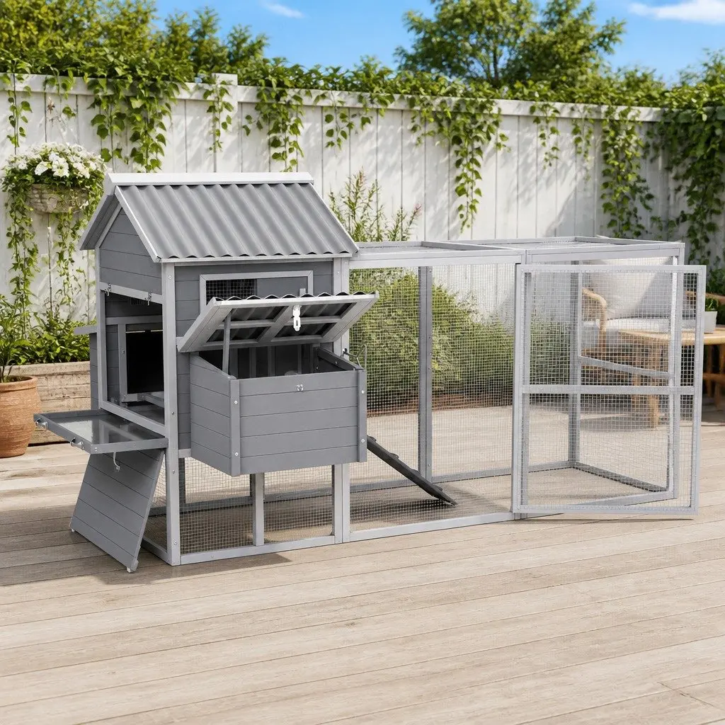 Chicken Coop Rabbit Hutch Grey White Large Wooden Outdoor Run with Integrated Ramp and Hatching Box