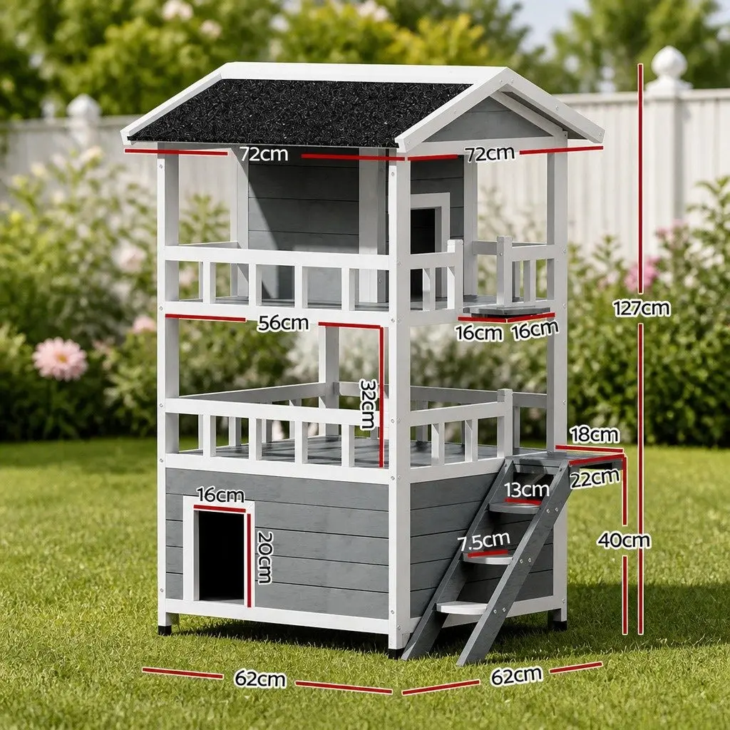 Wooden Cat House Grey 72cm Small Animal Shelter Outdoor Indoor Pet Condo
