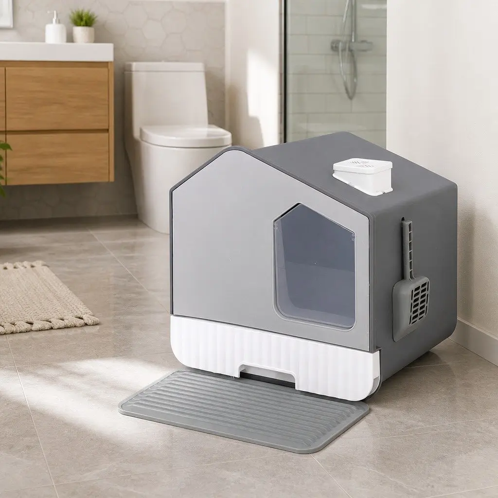 Enclosed Cat Litter Box House-Shaped Kitty Toilet with Flap Door Scoop Mat Grey