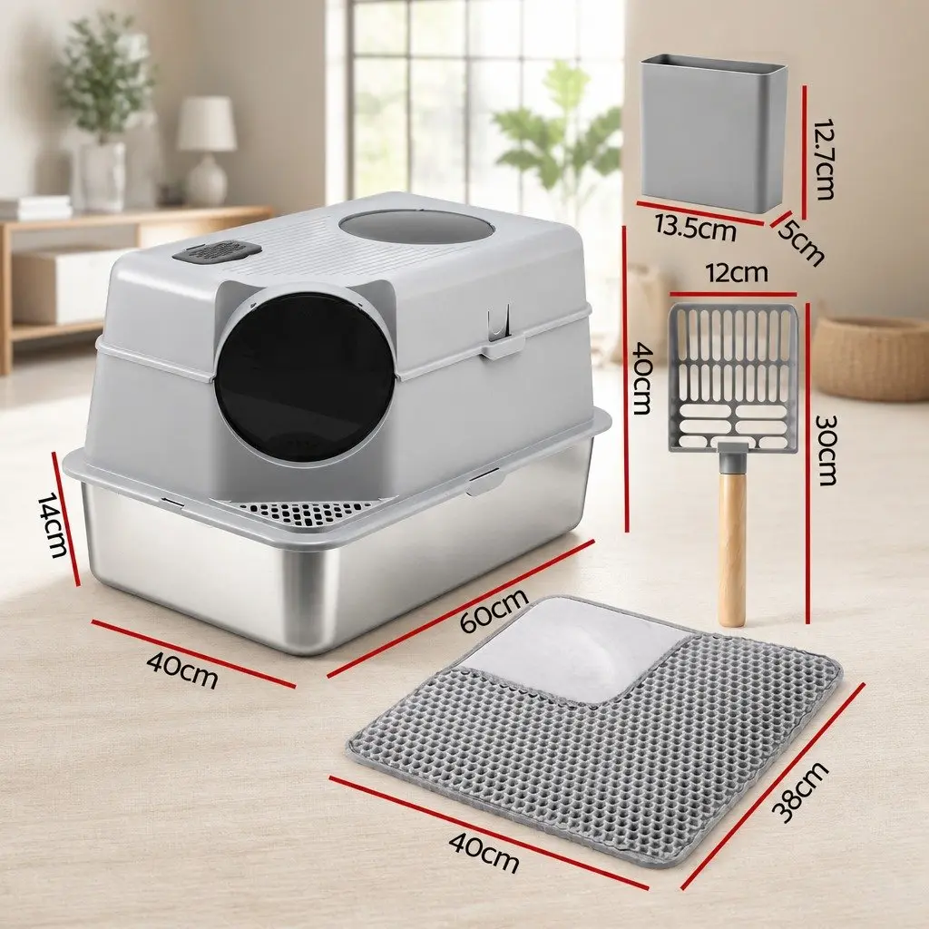 Large Stainless Steel Cat Litter Box High Sided Pet Toilet Mat Scoop Kit
