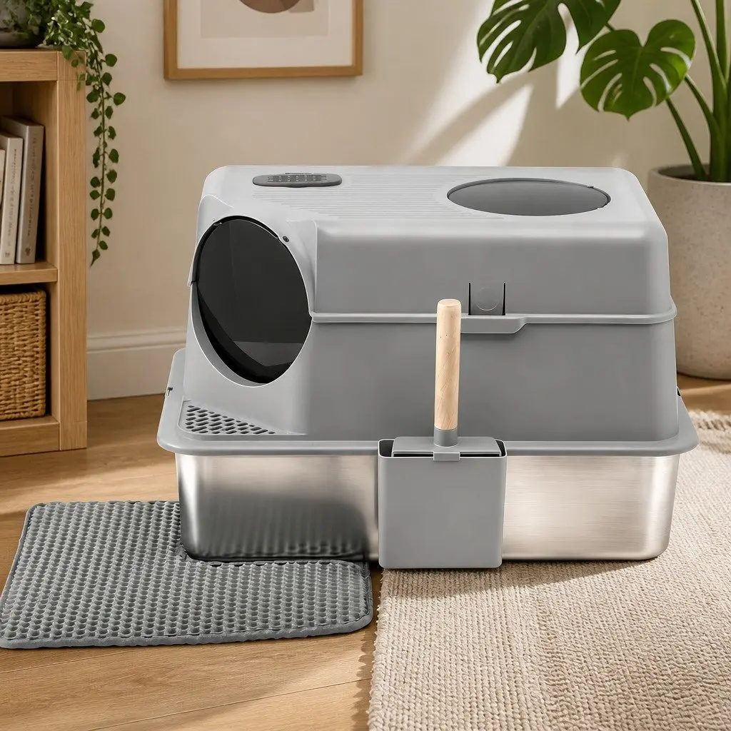 Large Stainless Steel Cat Litter Box High Sided Pet Toilet Mat Scoop Kit