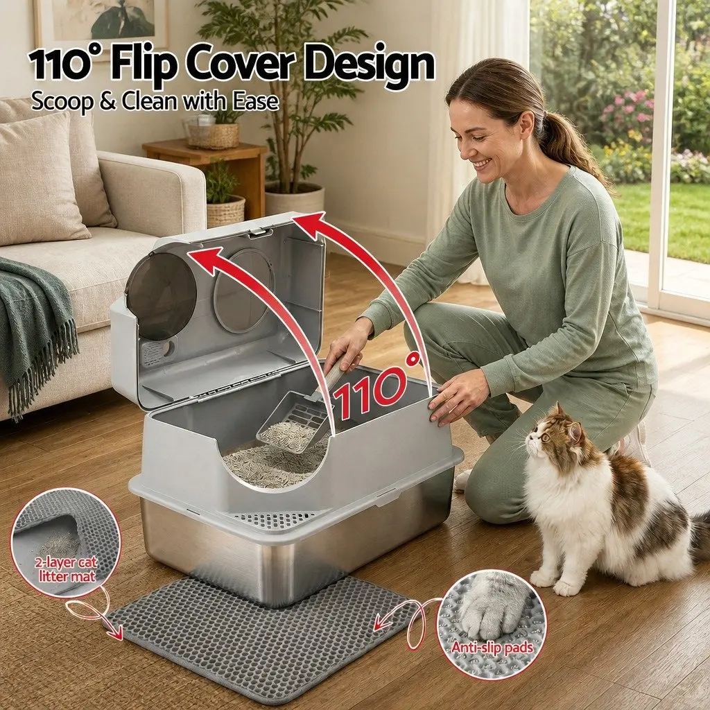 Large Stainless Steel Cat Litter Box High Sided Pet Toilet Mat Scoop Kit