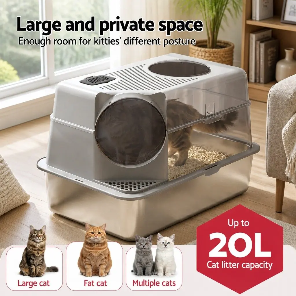 Large Stainless Steel Cat Litter Box High Sided Pet Toilet Mat Scoop Kit