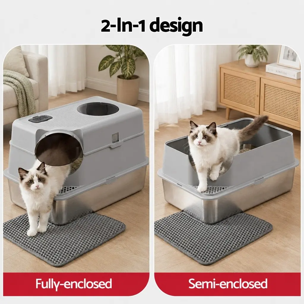 Large Stainless Steel Cat Litter Box High Sided Pet Toilet Mat Scoop Kit
