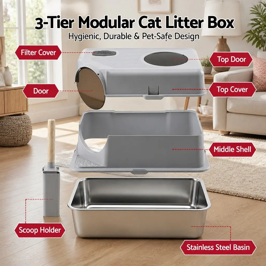 Large Stainless Steel Cat Litter Box High Sided Pet Toilet Mat Scoop Kit