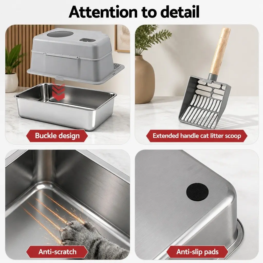 Large Stainless Steel Cat Litter Box High Sided Pet Toilet Mat Scoop Kit