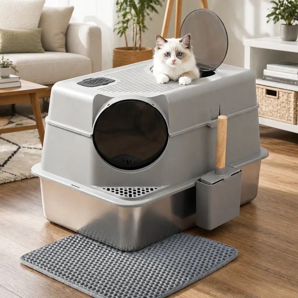 Large Stainless Steel Cat Litter Box High Sided Pet Toilet Mat Scoop Kit