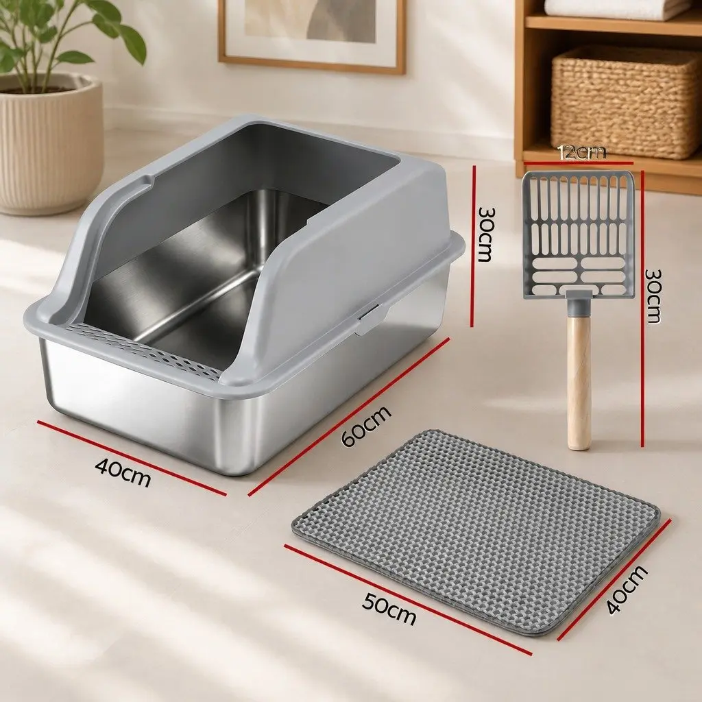 Cat Litter Box Stainless Steel Large Semi-Enclosed High Sided Kitty Toilet with