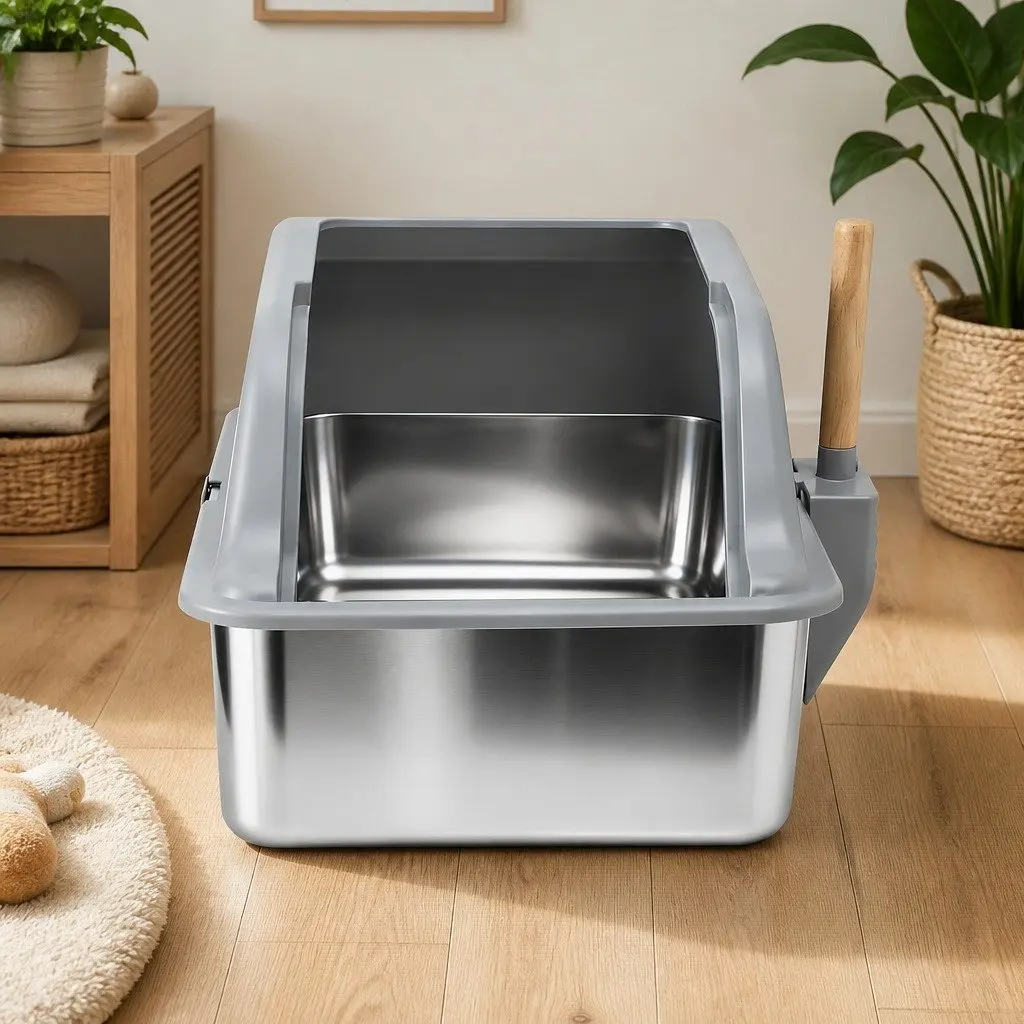 Cat Litter Box Stainless Steel Large Semi-Enclosed High Sided Kitty Toilet with