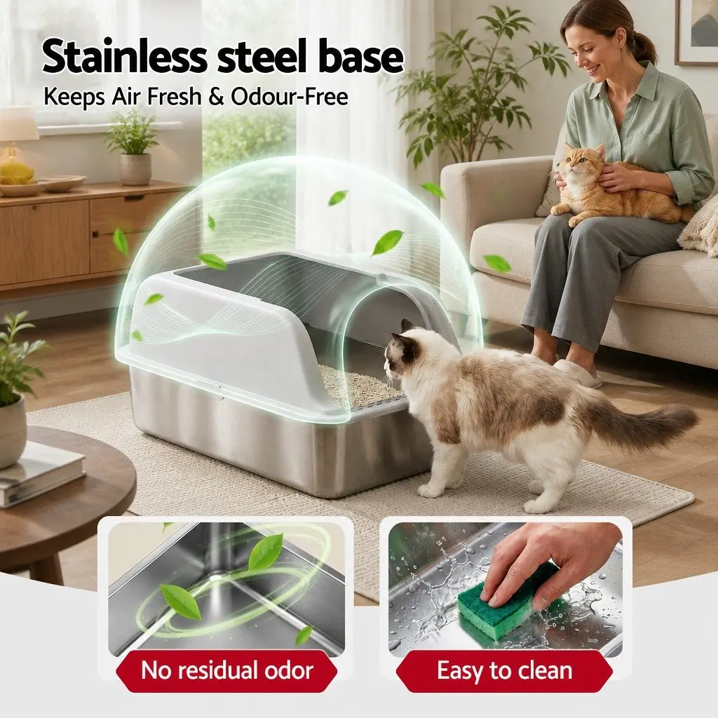 Cat Litter Box Stainless Steel Large Semi-Enclosed High Sided Kitty Toilet with