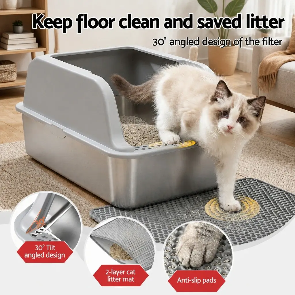 Cat Litter Box Stainless Steel Large Semi-Enclosed High Sided Kitty Toilet with
