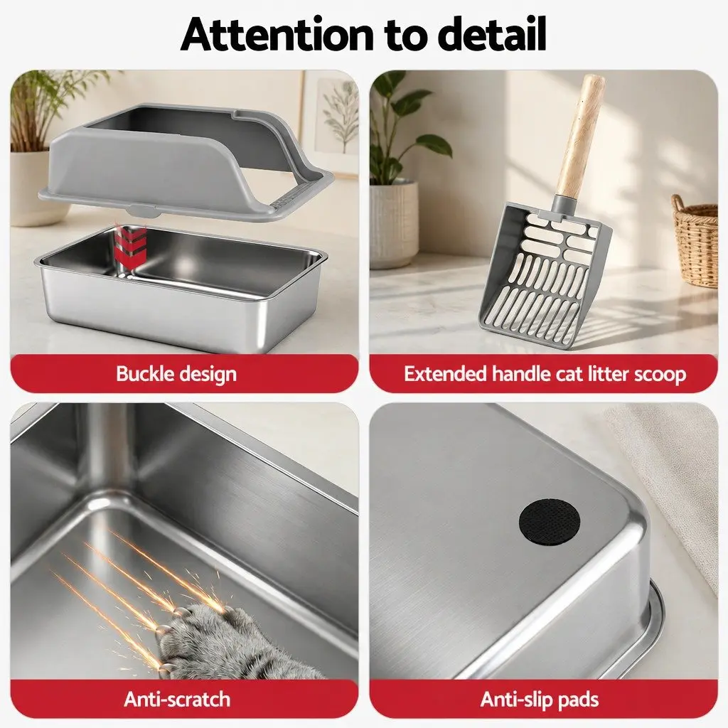 Cat Litter Box Stainless Steel Large Semi-Enclosed High Sided Kitty Toilet with
