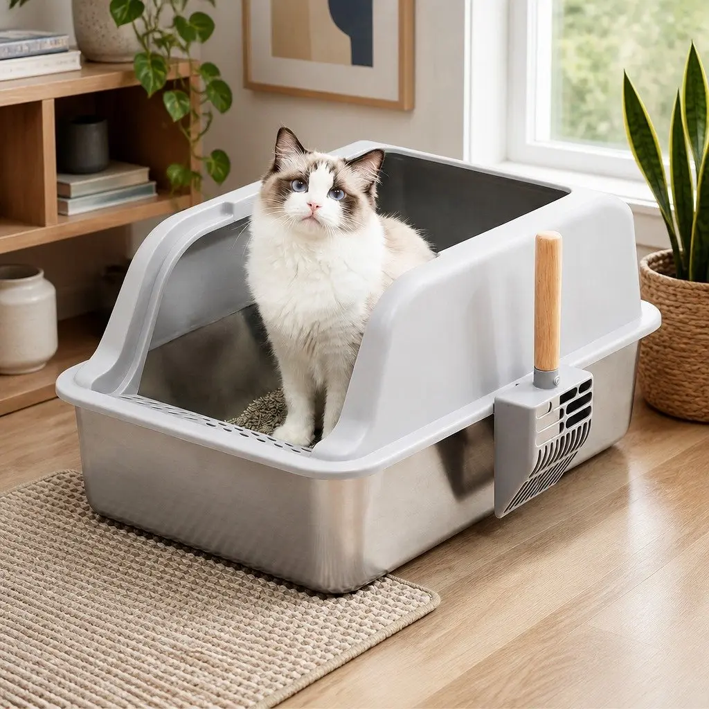 Cat Litter Box Stainless Steel Large Semi-Enclosed High Sided Kitty Toilet with