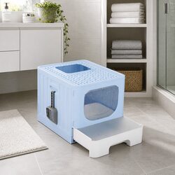 Cat Litter Box Enclosed Hooded Foldable Large Tray Kitty Toilet with Scoop Blue