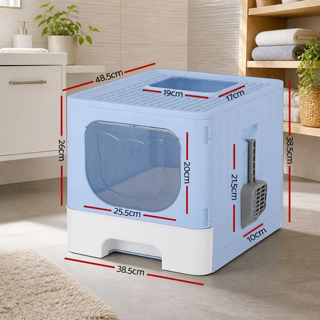 Cat Litter Box Blue Large Enclosed Hooded Foldable Tray with Scoop