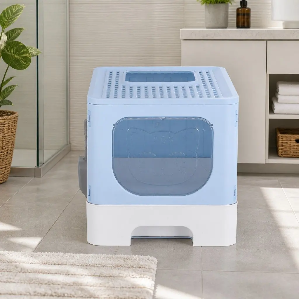 Cat Litter Box Blue Large Enclosed Hooded Foldable Tray with Scoop