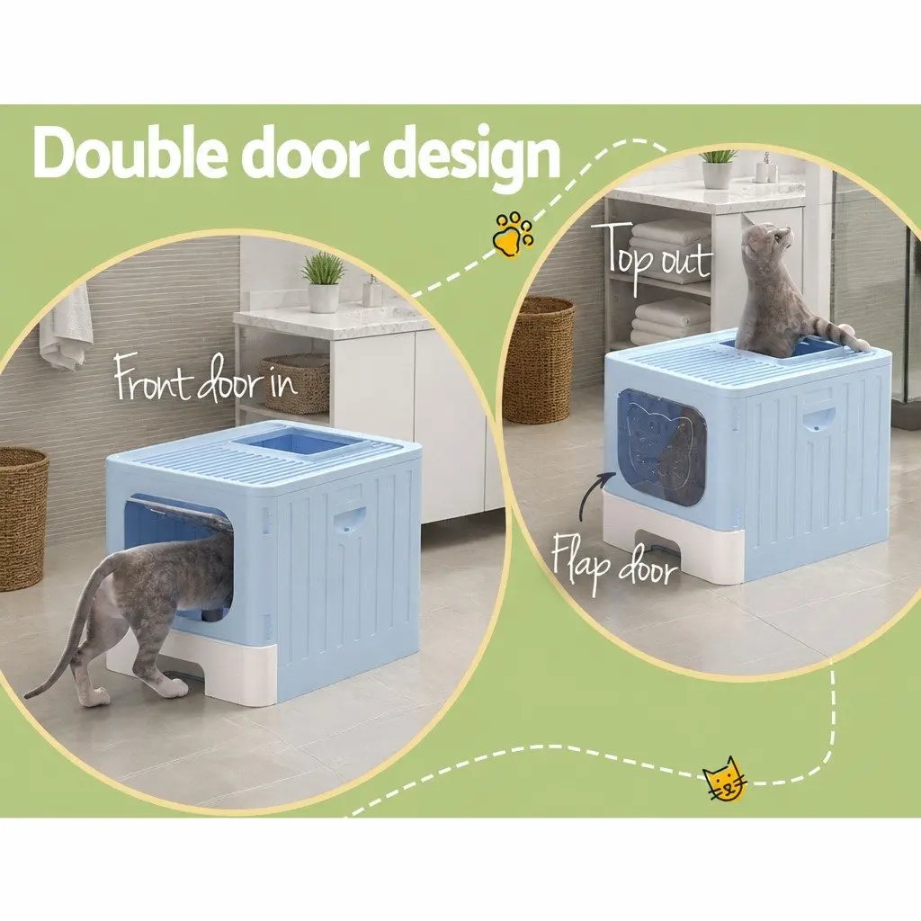 Cat Litter Box Blue Large Enclosed Hooded Foldable Tray with Scoop