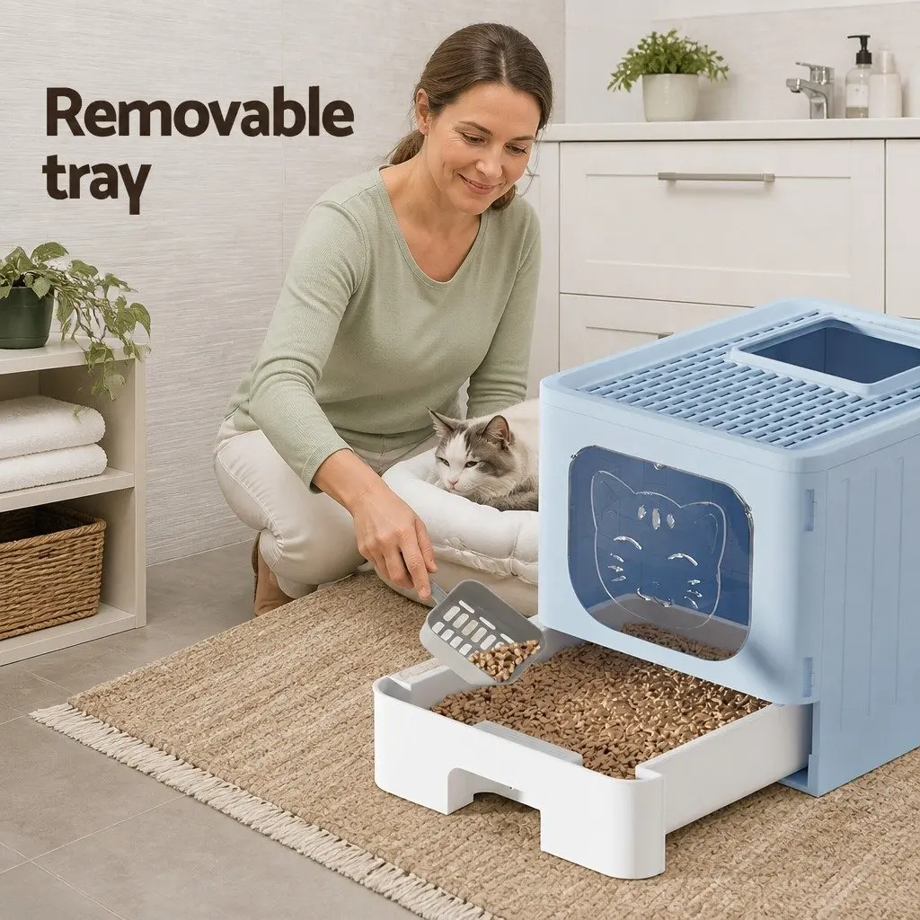 Cat Litter Box Blue Large Enclosed Hooded Foldable Tray with Scoop
