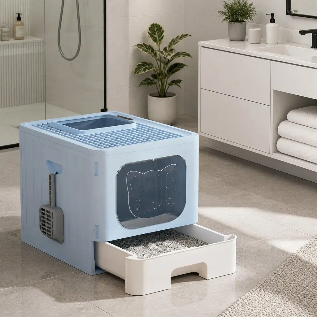 Cat Litter Box Blue Large Enclosed Hooded Foldable Tray with Scoop
