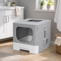 Cat Litter Box Enclosed Hooded Foldable Kitty Toilet Tray with Scoop Grey White