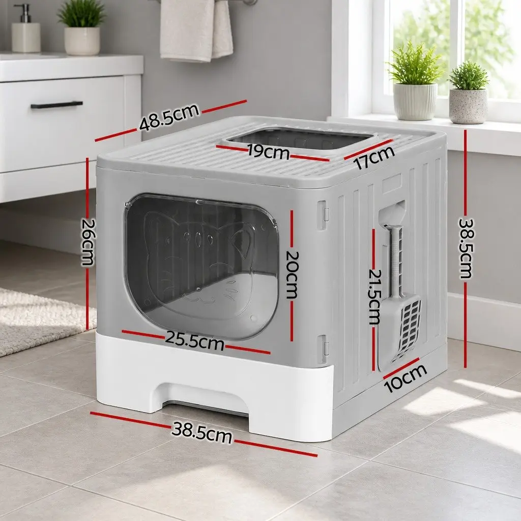 Cat Litter Box Enclosed Hooded Foldable Kitty Toilet Tray with Scoop Grey White