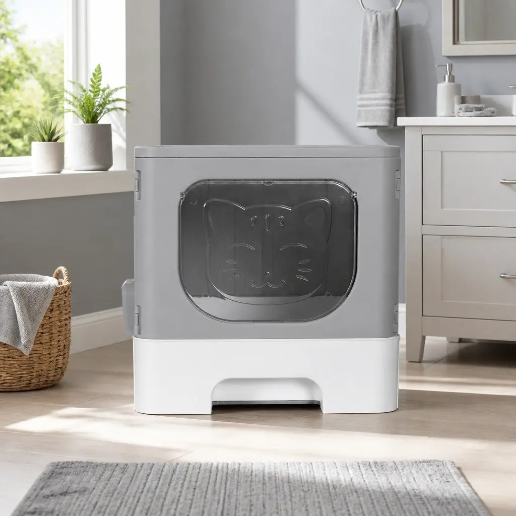 Cat Litter Box Enclosed Hooded Foldable Kitty Toilet Tray with Scoop Grey White
