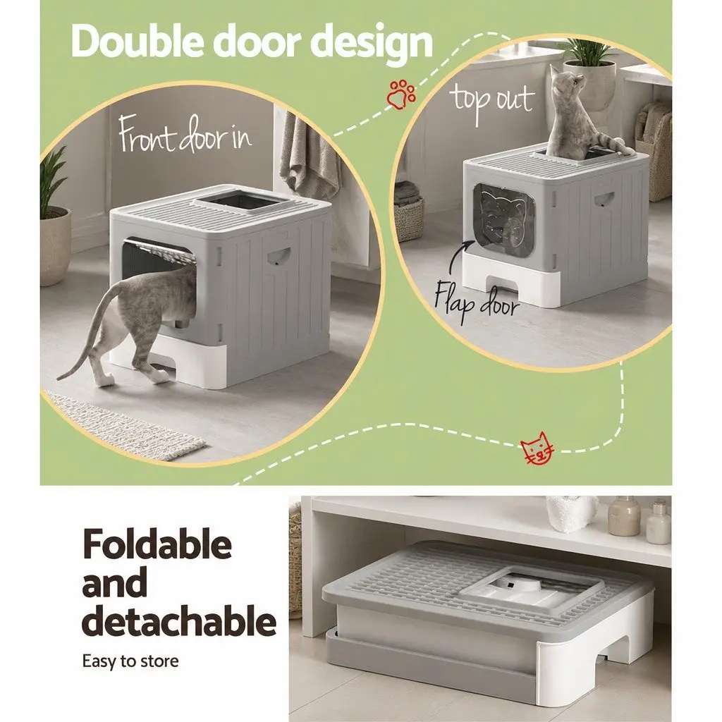 Cat Litter Box Enclosed Hooded Foldable Kitty Toilet Tray with Scoop Grey White