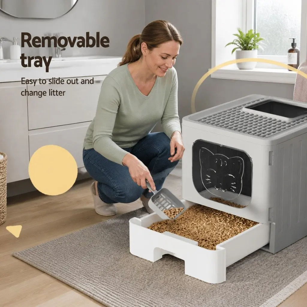 Cat Litter Box Enclosed Hooded Foldable Kitty Toilet Tray with Scoop Grey White