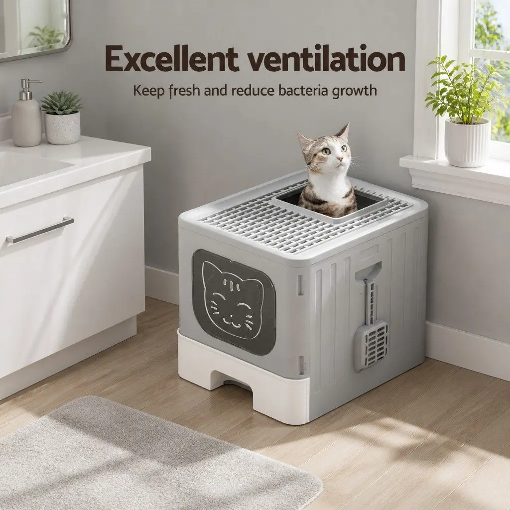 Cat Litter Box Enclosed Hooded Foldable Kitty Toilet Tray with Scoop Grey White
