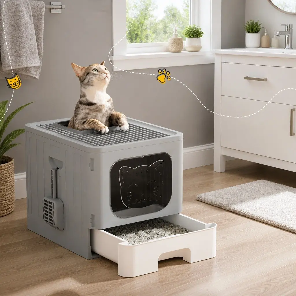 Cat Litter Box Enclosed Hooded Foldable Kitty Toilet Tray with Scoop Grey White