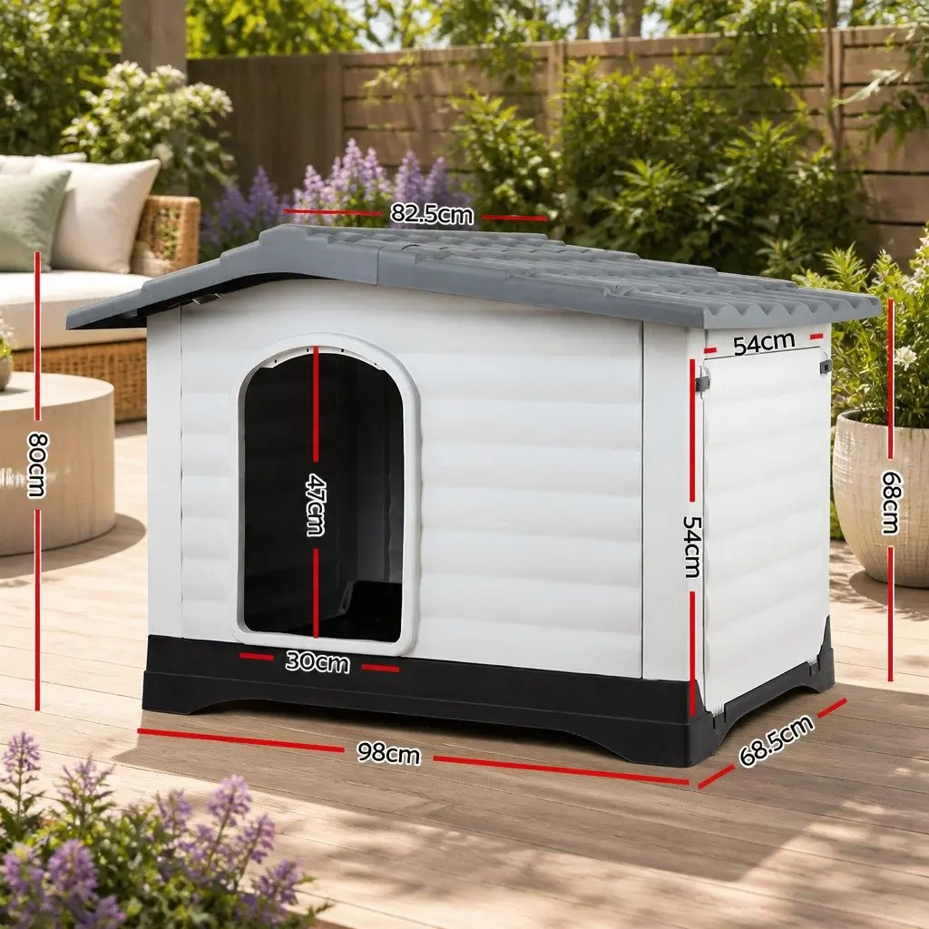 Dog Kennel Grey Extra Large Weatherproof Outdoor Plastic Pet Shelter with Removable Side Wall and Elevated Base