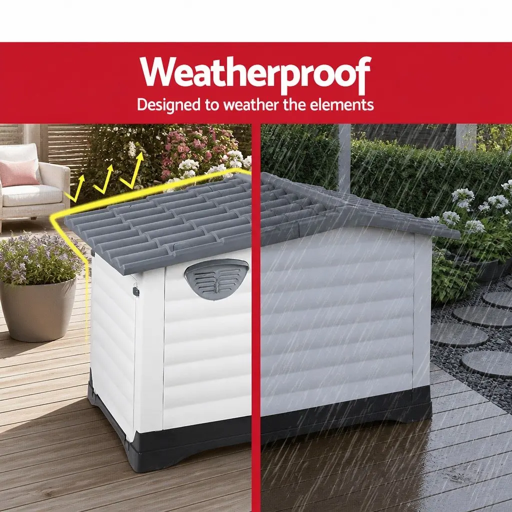 Dog Kennel Grey Extra Large Weatherproof Outdoor Plastic Pet Shelter with Removable Side Wall and Elevated Base