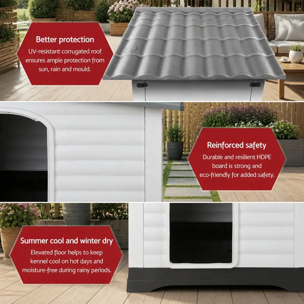 Dog Kennel Grey Extra Large Weatherproof Outdoor Plastic Pet Shelter with Removable Side Wall and Elevated Base