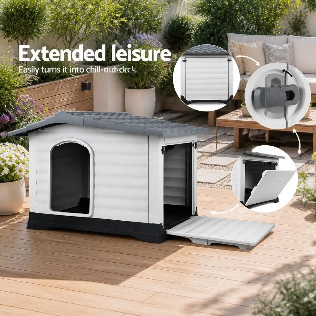 Dog Kennel Grey Extra Large Weatherproof Outdoor Plastic Pet Shelter with Removable Side Wall and Elevated Base