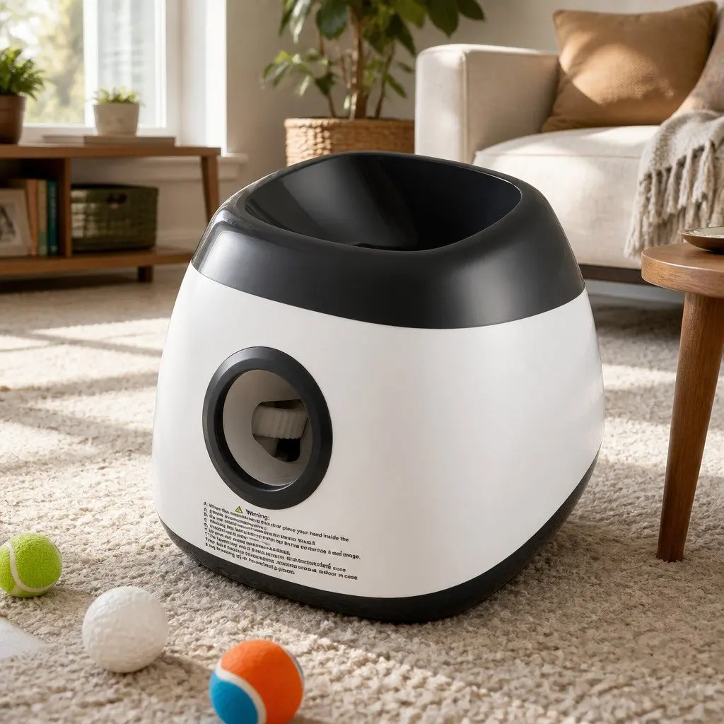 Dog Ball Launcher White Grey Automatic Interactive Toy 6 ETPU Balls 14m 18m 22m