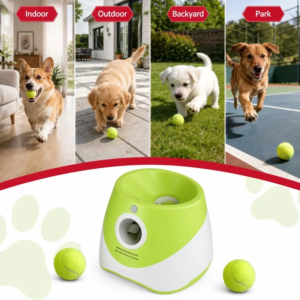 Dog Ball Launcher White Green Automatic Interactive Toy 3 Adjustable Distance Settings