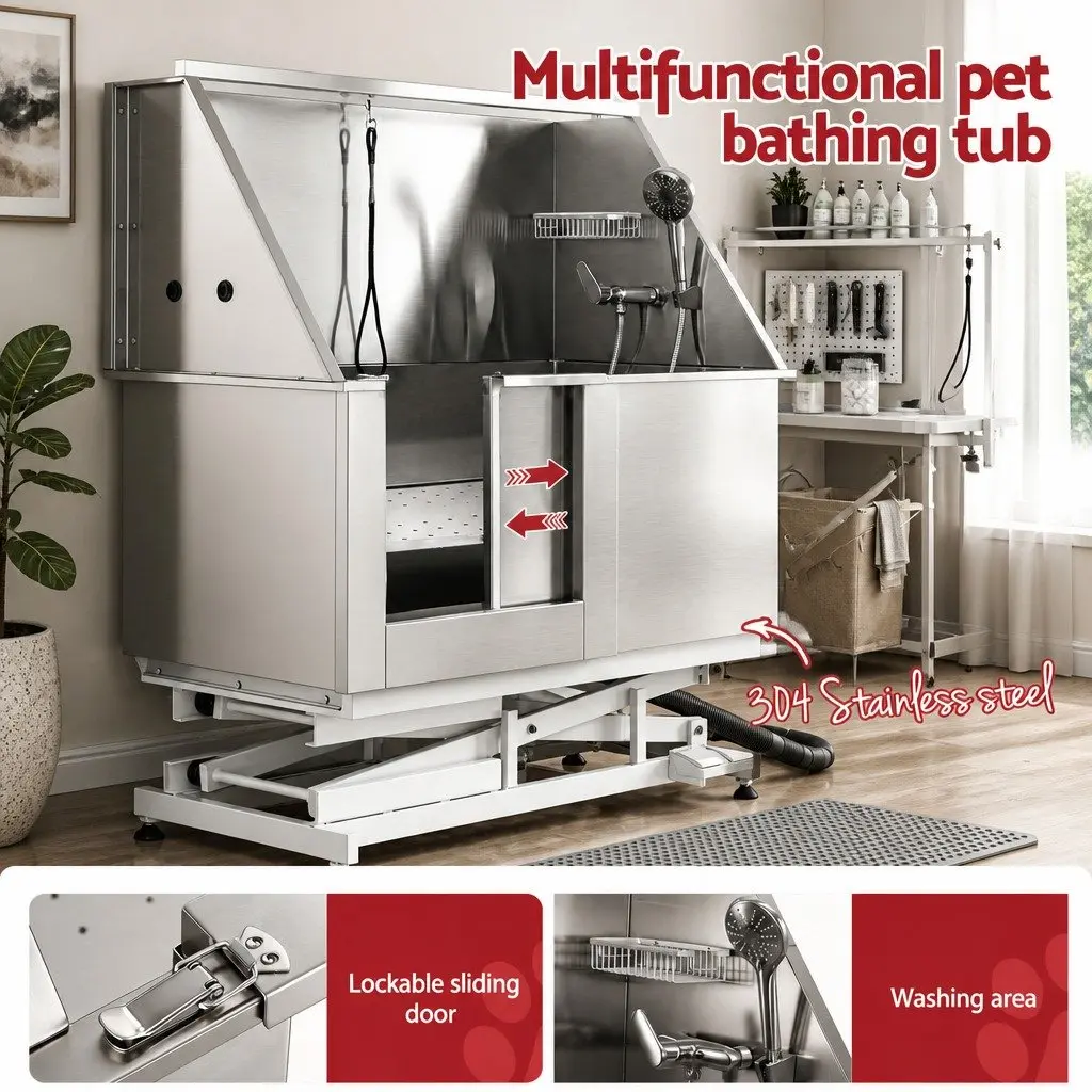 Electric Pet Bath Tub Dog Grooming Station Stainless Steel Adjustable Height
