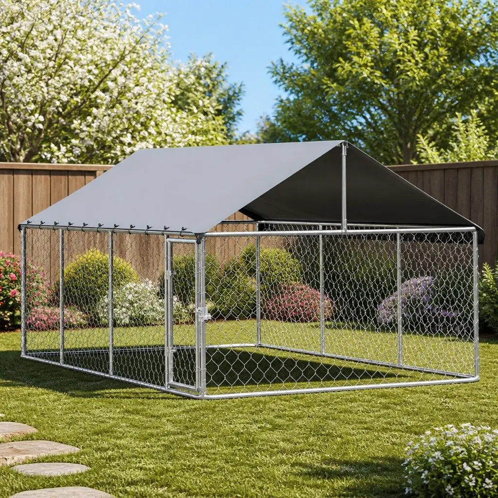 Silver Large Dog Kennel Heavy Duty Outdoor Run 2M x 4M