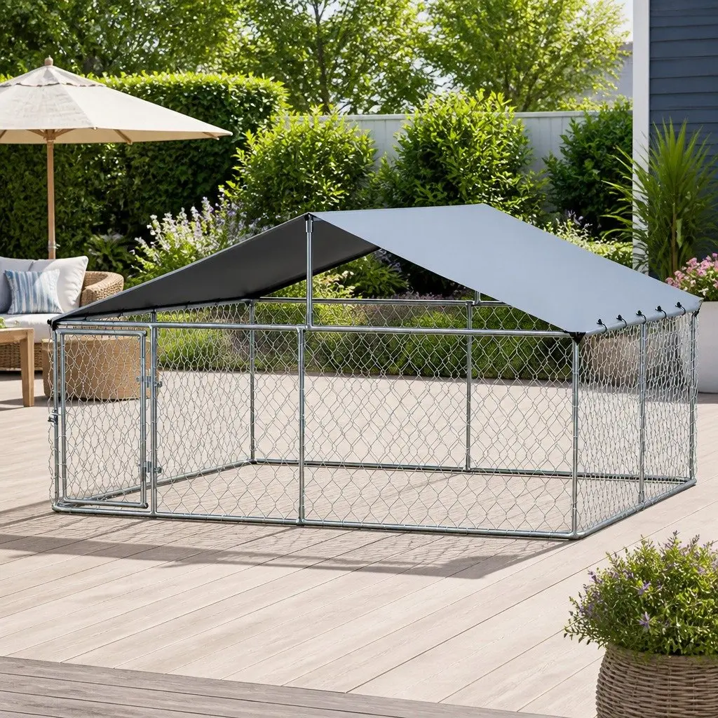 Dog Kennel Silver Large XXL Outdoor Enclosure with Roof Weather Resistant Heavy Duty Steel Frame
