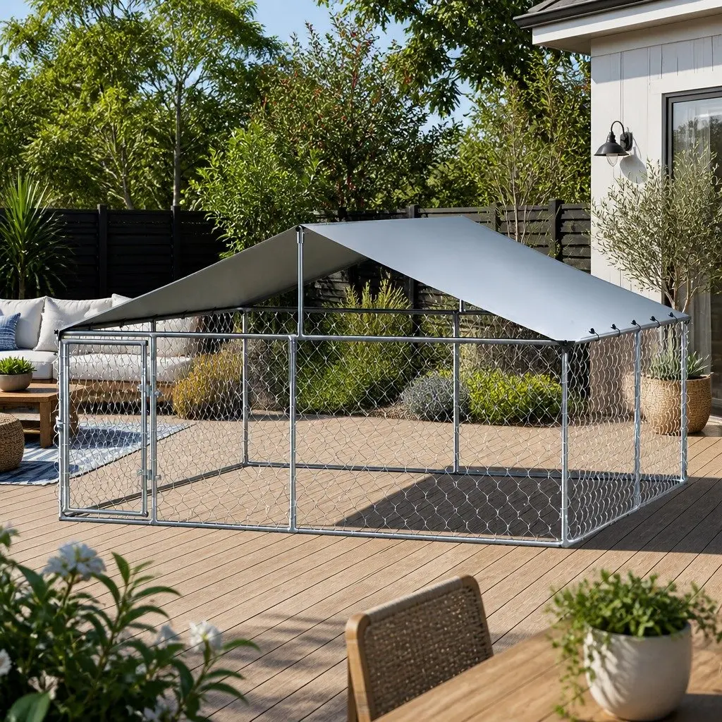 Dog Kennel Silver Large XXL Outdoor Enclosure with Roof Weather Resistant Heavy Duty Steel Frame