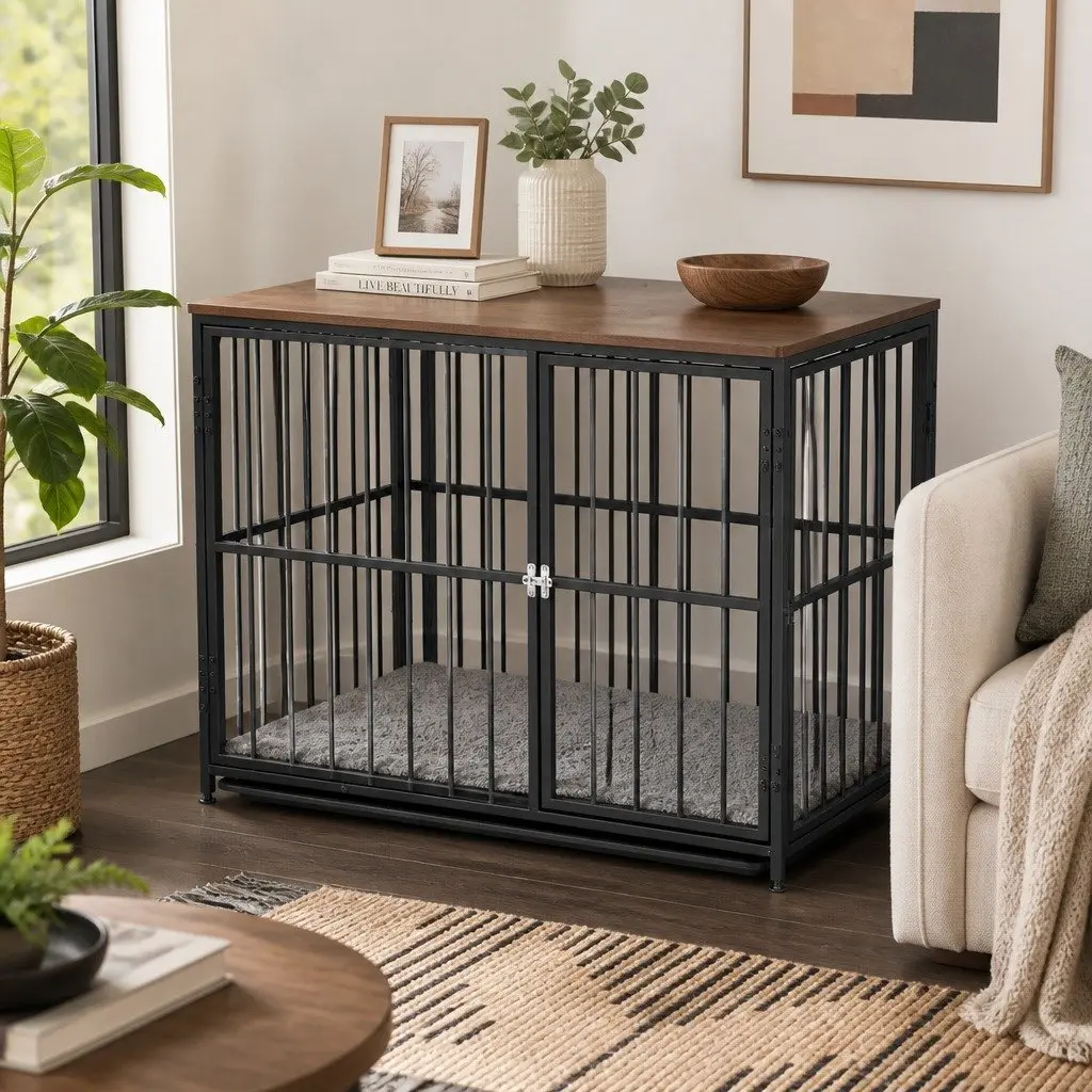 Large Dog Crate Furniture 93cm Wooden Pet Cage Playpen Side Table Black