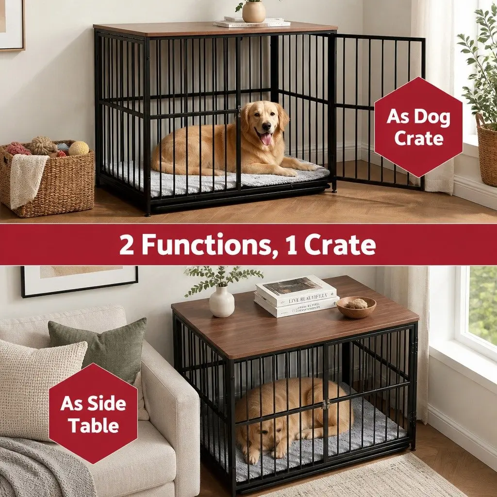 Large Dog Crate Furniture 93cm Wooden Pet Cage Playpen Side Table Black