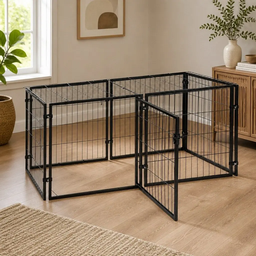 Large Dog Crate Cage Playpen 129cm Black Metal Puppy Pen Pet Enclosure