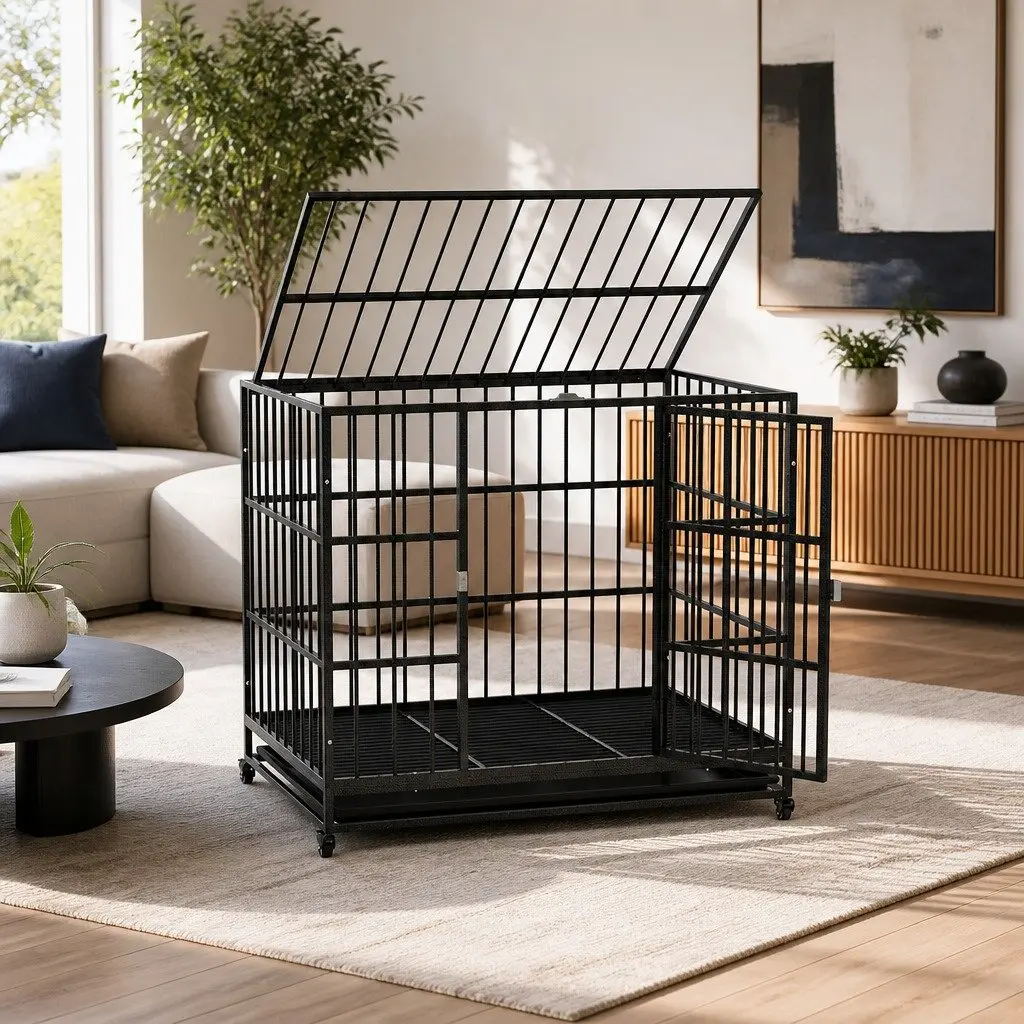 Dog Cage with Lockable Wheels and Easy Access