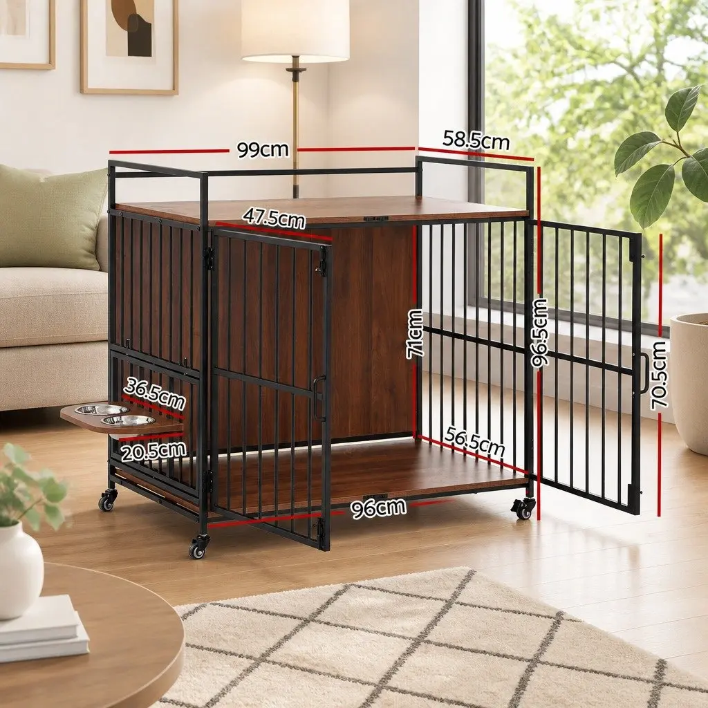 Dog Crate Furniture 99cm 2-in-1 Pet Cage End Table with Wheels Wooden Black