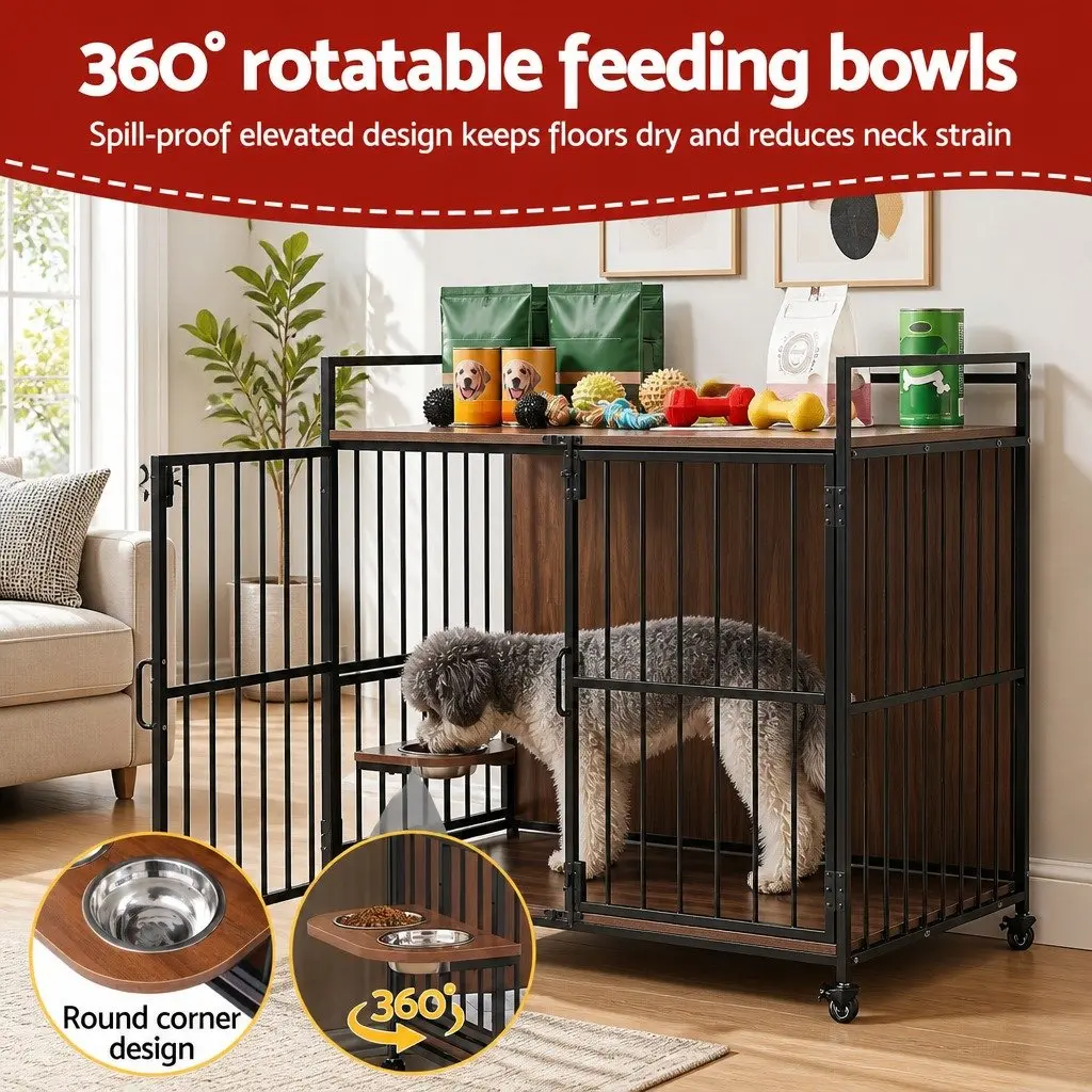 Dog Crate Furniture 99cm 2-in-1 Pet Cage End Table with Wheels Wooden Black