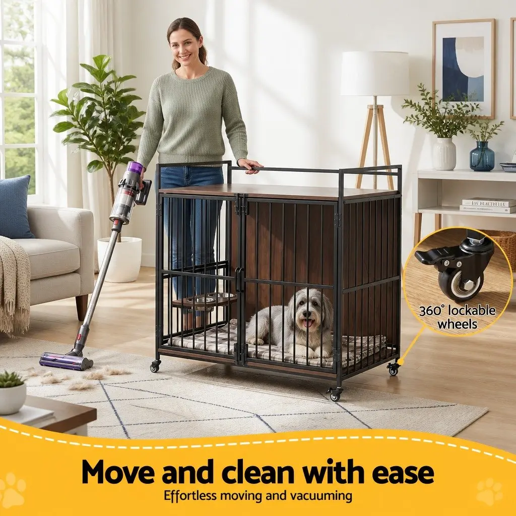 Dog Crate Furniture 99cm 2-in-1 Pet Cage End Table with Wheels Wooden Black