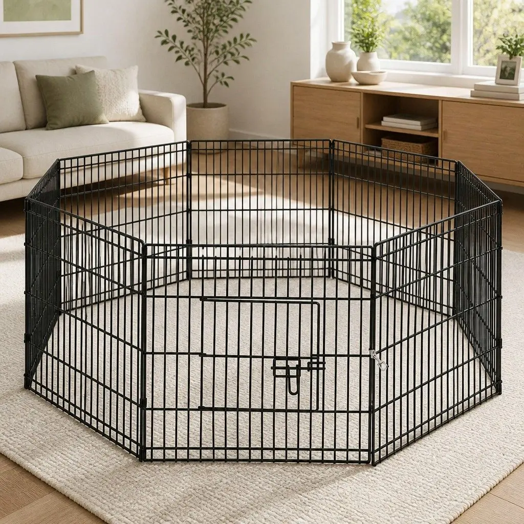8 Panel Dog Playpen Pet Fence Exercise Cage Enclosure Pen 24" Black Foldable